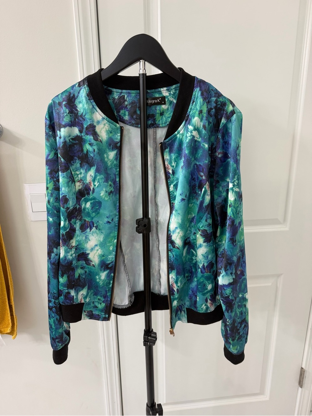 Allegra K Blue Green Floral Bomber Jacket Size M